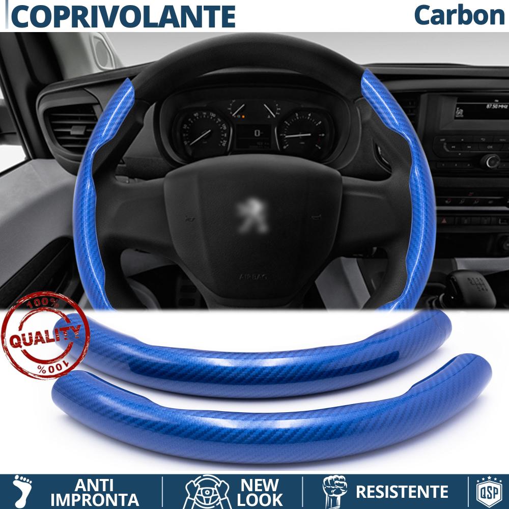 FUNDA VOLANTE para Peugeot, Efecto FIBRA DE CARBONO Azul Deportivo FINO  Antideslizante