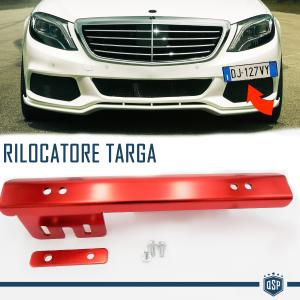 Front License Plate Holder Red for Mercedes, Side Relocator Bracket, in Anodized Steel