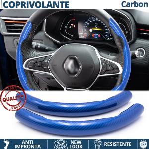 FUNDA VOLANTE para Renault, Efecto FIBRA DE CARBONO Azul Deportivo FINO Antideslizante