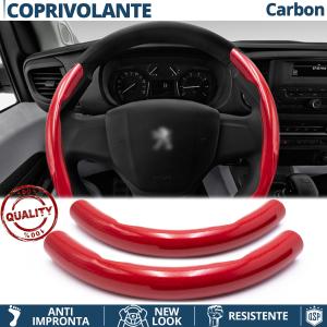 STEERING WHEEL COVER Red for Peugeot, Carbon Fiber Effect THIN Non-Slip